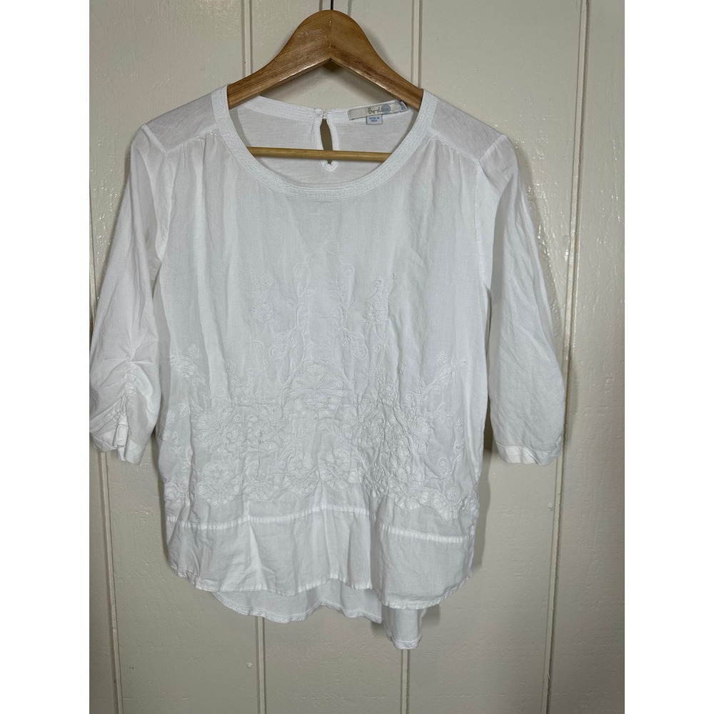Boden Blouse Womens 6 White Embroidered 3/4 Sleeve Keyhole Back Top Boho Cotton